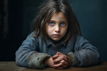 Portrait of poor, hungry neglected, dirty girl with blue eyes. Poverty, misery, migrants, homeless people, war