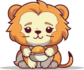 Fototapeta premium Cute cartoon lion character holding a plate of food. Vector illustration.