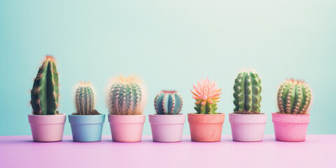 Row of 7 potted cacti in pastel colors