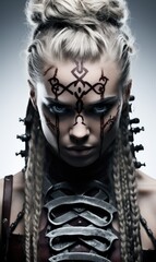 Fototapeta na wymiar Aggressive beautiful attractive girl Viking warrior, warrior princess, queen of pain, with tattoos on her face, crazy wild fearless northern antique woman
