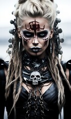 Aggressive beautiful attractive girl Viking warrior, warrior princess, queen of pain, with tattoos on her face, crazy wild fearless northern antique woman
