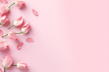 Fototapeta na wymiar Elegant Pink Card Background with Rose Buds, Pink Petals, and Soft Pink Leaves