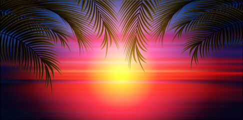 Fototapeta na wymiar Sunset beach landscape with palm leaves from top. Exotic tropical island nature. Vevtor illustration.
