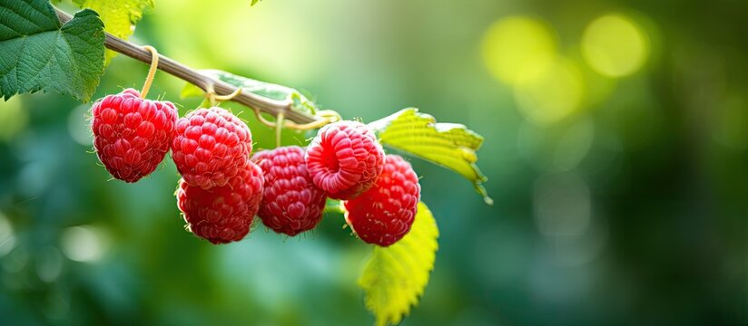 Blurred forest background with ripe raspberries hanging from a branch