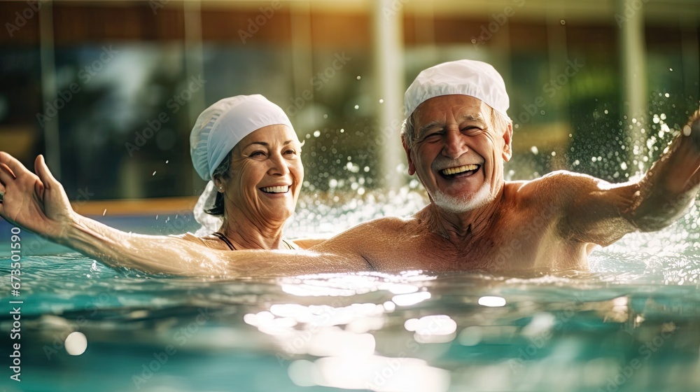 Canvas Prints happy senior couple swimming