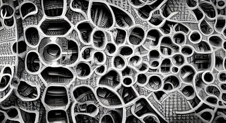 Abstract illustration of a network with circles in black and white. AI generated illustration.