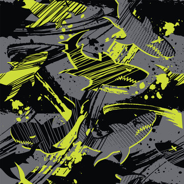 Abstract seamless pattern with shark silhouette on grunge linear background with arrows, text dangerous power attack. Shark silhouette repeat ornament. Big fish predator repeat print for sport textile