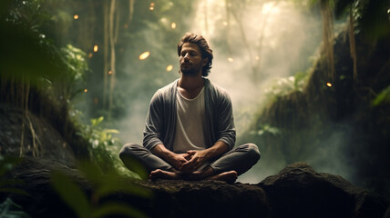 young man meditating in the forest