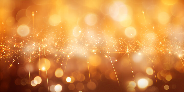 Panoramic banner abstract background of sparklers with boket, sparks and bright yellow lights. Vacation concept, celebration, new year, magic.