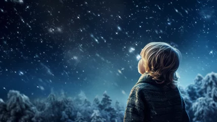 Fotobehang little boy under the starry sky © Daniel