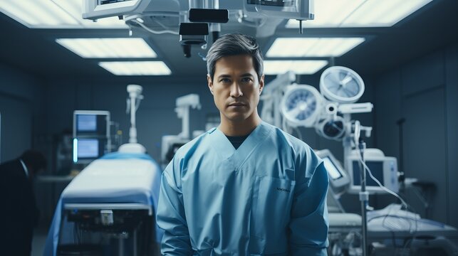 Male medical doctor surgeon. Sterile medical uniform with a mask on the face. A man in front of an operating room. Concept: healthcare