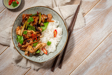 Sesame Chicken served with Jasmine white rice, selective focus