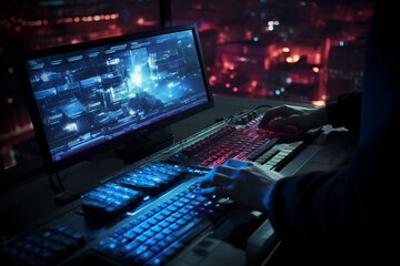 Fototapeta premium Human Hands Typing on Keyboard. Concept of Cybersecurity, Hacking, Data Stealing