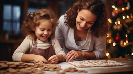 Christmas time, Little girl and her mother making gingerbread cookies in the kitchen, living room...