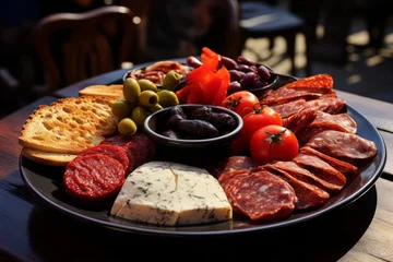 Fotobehang Gourmet Sausages, Cheeses and Delicacies on Plate, Perfect Starter Selection, Low Light Ambience © Ilja