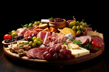 Delicious Meat Sausages, Antipasti, and Delicacies Platter with Cheese Selection
