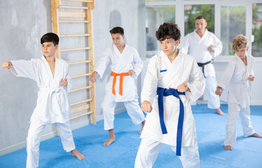 Positive kids training karate movements together in sport class in karate school at sports gym at tatami