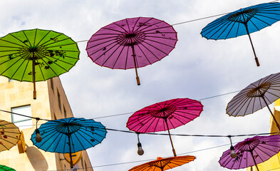 Colorful umbrellas over China town in Mexico City Mexico.