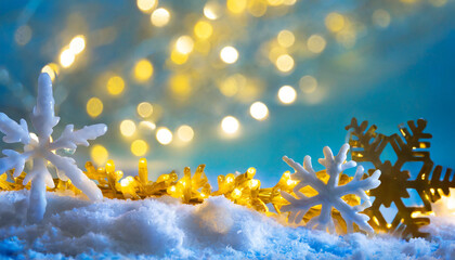 Fondo navideño con copos de nieve y luces 