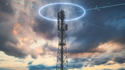 5G cellular telecommunications concept, futuristic technology. Graphics