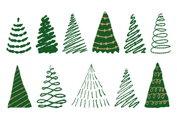 Vector set of doodle minimalistic Christmas trees, pines for greeting card, invitation, banner, web. Green, gold colors on a white background