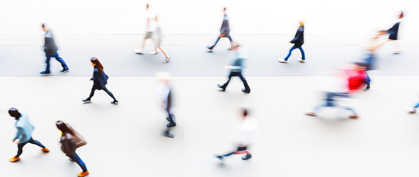 Top Aerial View Crowd Of People Walking On Business Street Pedestrian. Crowd Of People Blurred On White Background, Bird Eye View
