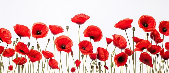 White background with red poppies standing alone