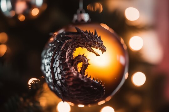 Christmas decorative ball with a dragon print. Generative AI