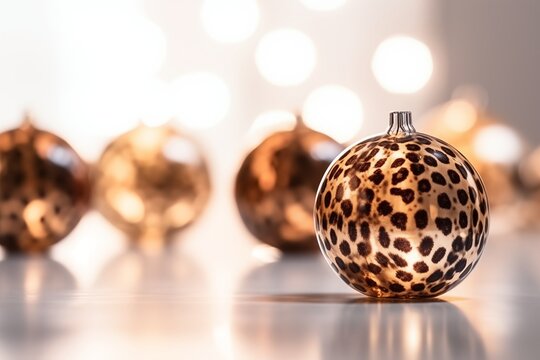 Leopard print decorative Christmas balls. Generative AI
