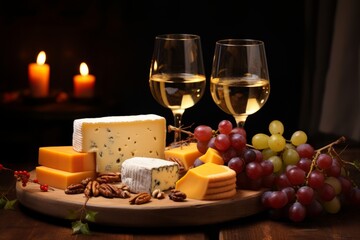 Fototapeta na wymiar Cheese Plate with Grapes and White Wine - Tantalizing Trio for Elegant Dining and Wine Pairings.