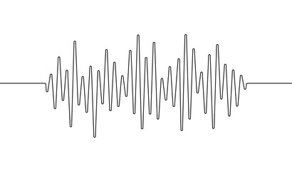Wave one line. Continuous lines waves drawing. Art sound. Hand draw music. Outline audio icon. Concept voice. Sketch black record isolated on white background. Soundwave recording. Vector illustration