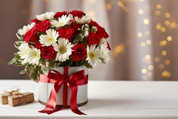 Bouquet of yellow daisies and red roses, in a white pot with a red ribbon bow. Horizontal image with copy space.