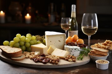 Delectable Appetizers, Artisanal Cheese Platter, Fresh Grapes, and a Glass of Crisp White Wine