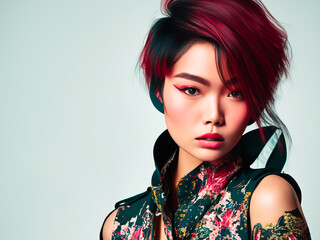 Fashion portrait of a beautiful asian woman with red hair.