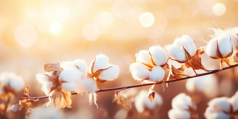 Closeup of cotton balls on a branch in a sunshine rays on the summer field. Generative AI