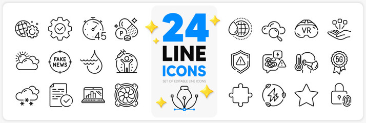 Icons set of Computer fan, Execute and Graph laptop line icons pack for app with Phosphorus mineral, Consolidation, Star thin outline icon. Vr, Timer, World water pictogram. Fake news. Vector
