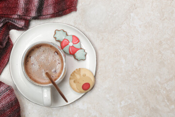 Christmas gingerbread cookies and chocolate milk mug, concept of winter holidays desserts and decoration