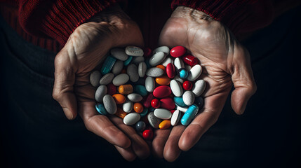 Old Woman holding colorful antidepressants on blue background, top view - obrazy, fototapety, plakaty