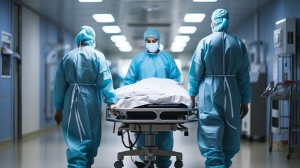 The medical staff rolls the operating table down the hall. People in washing clothes in the hospital. Concept: provision of services, urgent surgery - obrazy, fototapety, plakaty