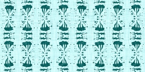 Teal green white vibrant watercolor batik azulejos tile border banner background. Seamless aqua coastal blur linen effect geometric mosaic effect.Boho Patchwork nautical masculine summer ribbon trim. 