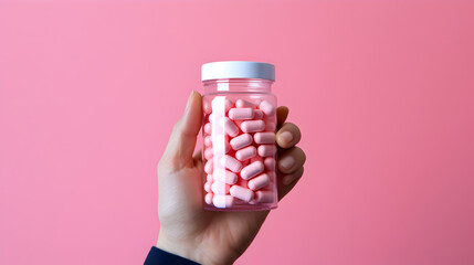 Hand Holding a Medication Bottle on a Pink Background with Copy Space - Health, Medicine, Care, and Prevention Concept, Medical Marvels, Pharmaceutical Wonders, Tablets, Capsules, Pills  - obrazy, fototapety, plakaty