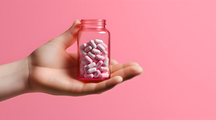 Hand Holding a Medication Bottle on a Pink Background with Copy Space - Health, Medicine, Care, and Prevention Concept, Medical Marvels, Pharmaceutical Wonders, Tablets, Capsules, Pills  - obrazy, fototapety, plakaty