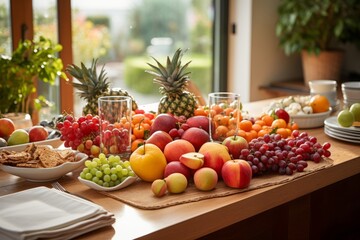 Colorful assortment of fresh fruits and healthy juices in a vibrant kitchen with natural light