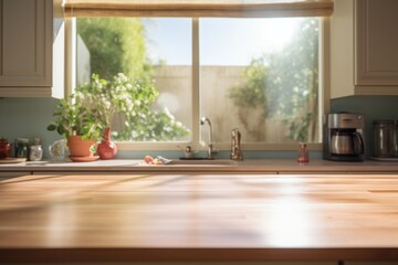 Wood Table with Modern Kitchen Interior and Blurred Garden Background for Product Placement