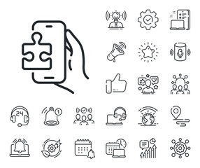 Jigsaw piece with phone sign. Place location, technology and smart speaker outline icons. Puzzle game line icon. Business challenge symbol. Puzzle game line sign. Vector