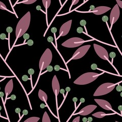 Floral seamless berries and leaves and branches pattern for wrapping paper and fabrics and linens and kids