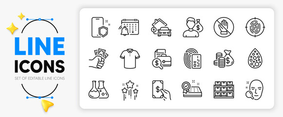 Coins bag, Mattress guarantee and Corrupt line icons set for app include Storage, Artificial colors, Face search outline thin icon. Fingerprint, Notification calendar, Stars pictogram icon. Vector