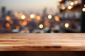 Empty Wood Table Top in Modern Kitchen with Blurred Cityscape View for Product Placement