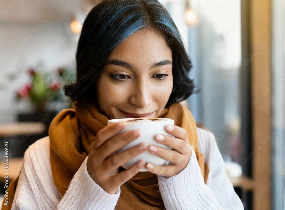 Sticker Indian young woman drinking cup of coffee at coffee shop. Winter season concept