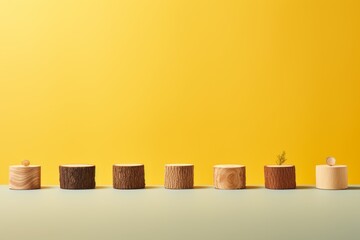 Seven Wooden Saw Cuts. Round Cylinder Shapes for Eco Product Placement on Yellow Background